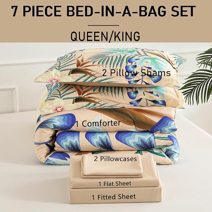 Yogeneg 7 Piece Bed in a Bag King Size Comforter Set Khaki Bedding Set - Image 6