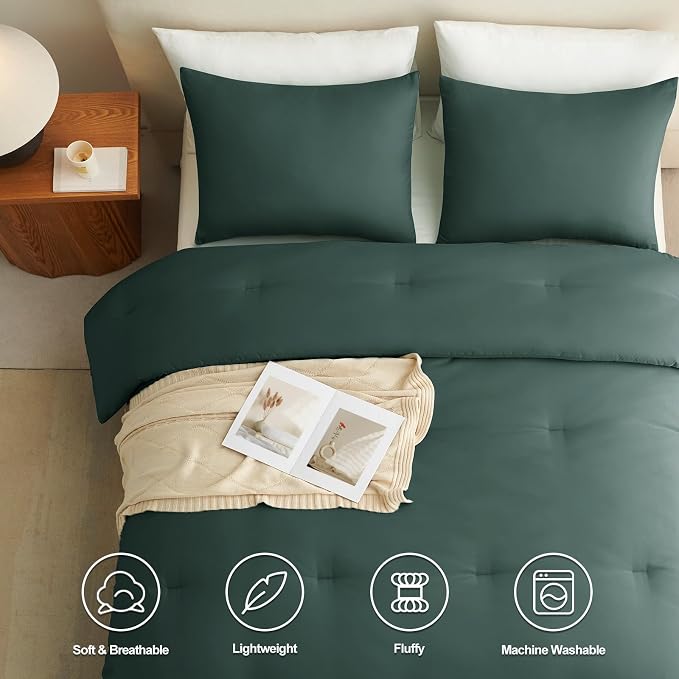 CozyLux Queen Comforter Set Forest Green, 3 Pieces Solid Comforters Queen Size - Image 5