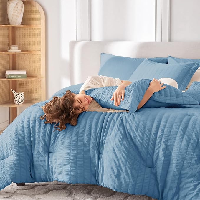 MUXHOMO 5 Pieces Twin Comforter Set, Seersucker Bed in a Bag Twin Size - Image 7