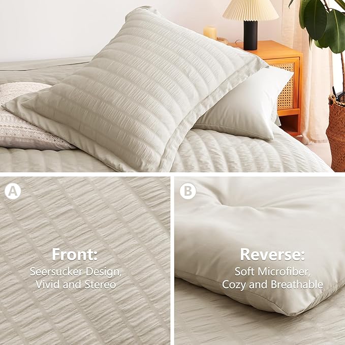 CozyLux Queen Comforter Set Oatmeal Seersucker 7 Pieces Bed in a Bag Queen - Image 4
