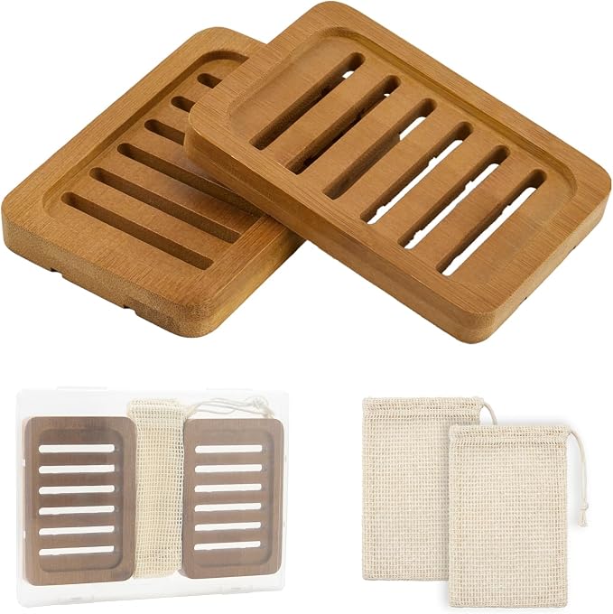 2PCS Self Draining Soap Holders, Rustic Slotted Bamboo Dish Tray, Easy Cleaning by UrbanAbode