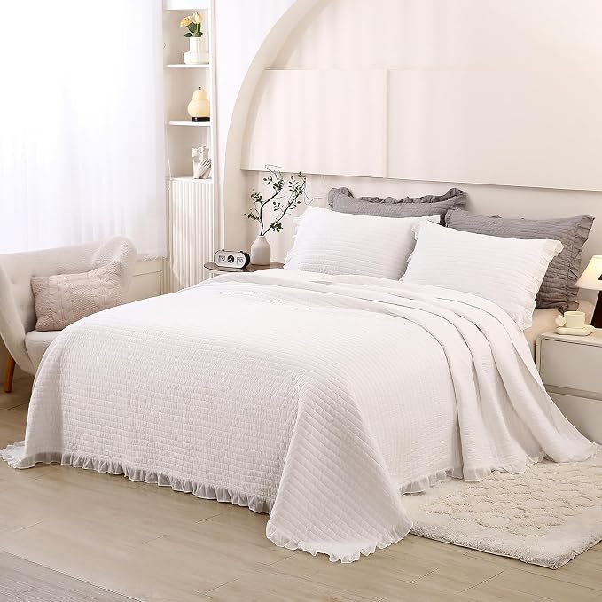 ROOMLIFE Quilt Set King Size 3D Floral Embroidery Pattern 3-Piece Cotton - Image 4