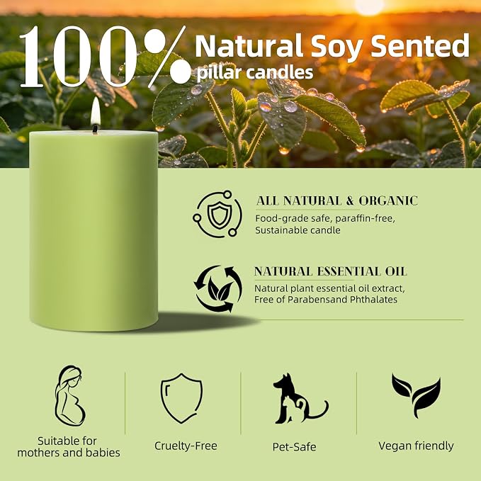 4 Pack Sage & White Tea Scented Pillar Candles-2.8x4 Inch Sage Green Soy Wax - Image 4