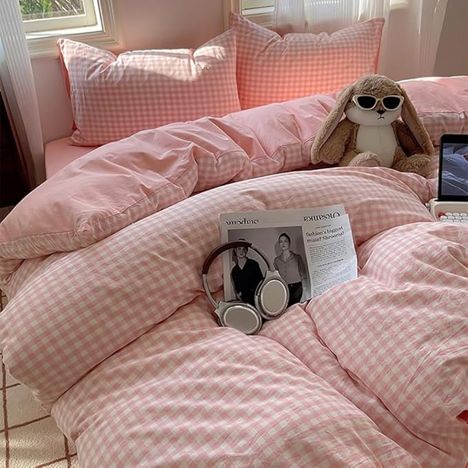 Nayoroom Gingham Duvet Cover Queen Size Reversible Pink Plaid Checkered Duvet by Nayoroom