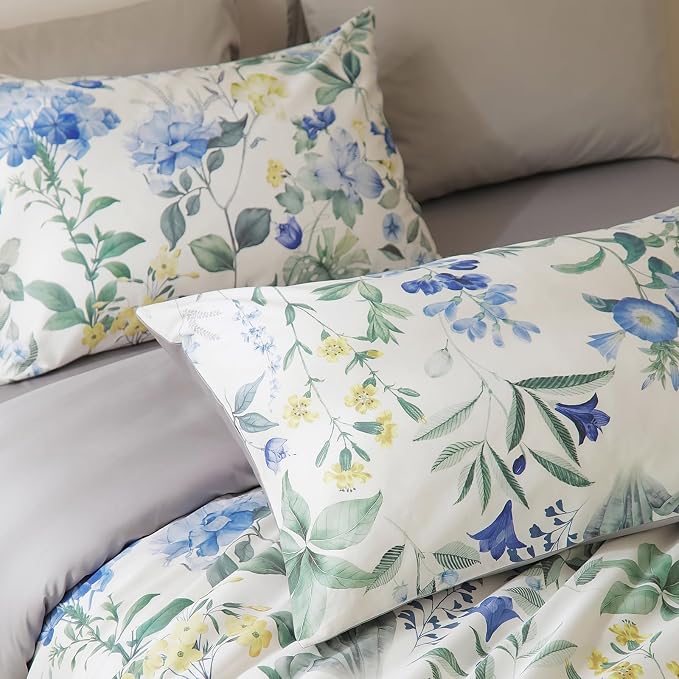 mixinni Reversible Floral Duvet Cover Set King Size, 3 Piece Blue Green - Image 6