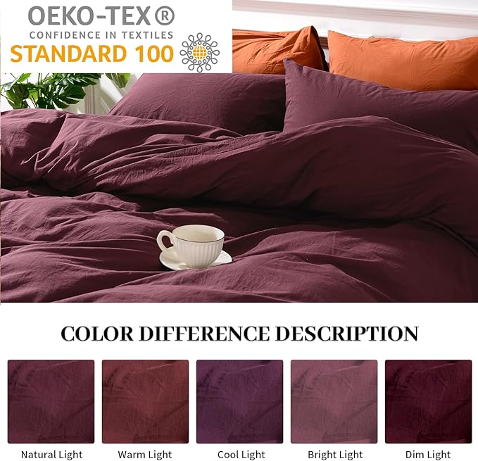 NEXHOME PRO Duvet Cover Set 100% Washed Cotton Full Size Linen Feel Textured - Image 3