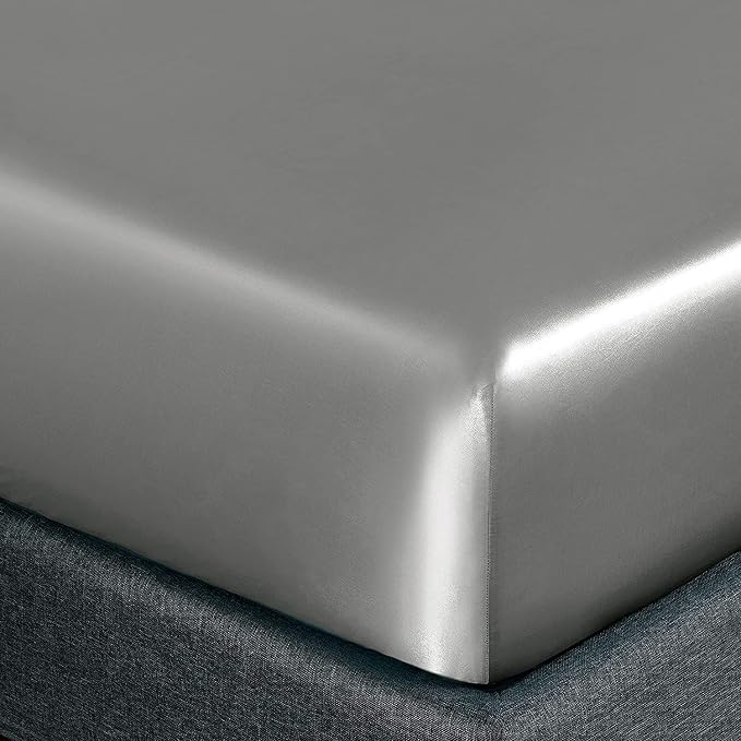 Homiest Light Grey Satin Fitted Sheet King Size, Deep Pocket, Luxury & Ultra - Image 3