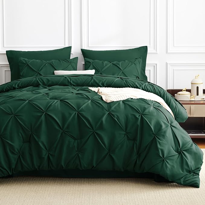 CozyLux King Size Comforter Set Emerald Green, 7 Pieces Pintuck Bed in A Bag - Image 8