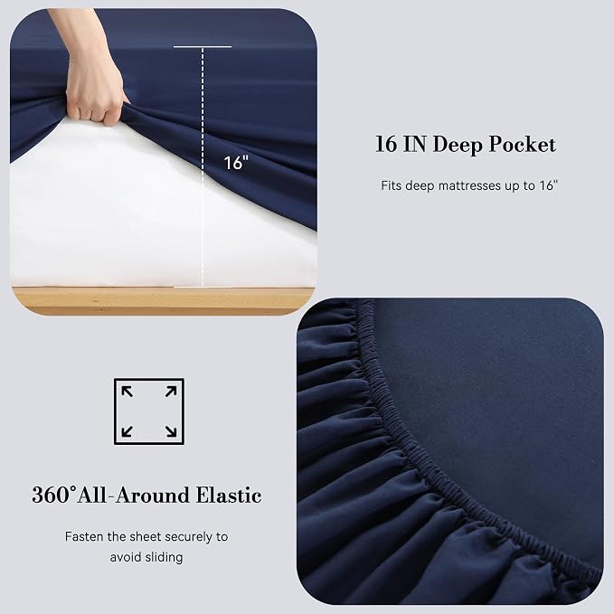 Queen Sheet Set 4 Pieces, Wrinkle Free, Oeko-Tex Certified Bedsheets，Navy Blue - Image 3