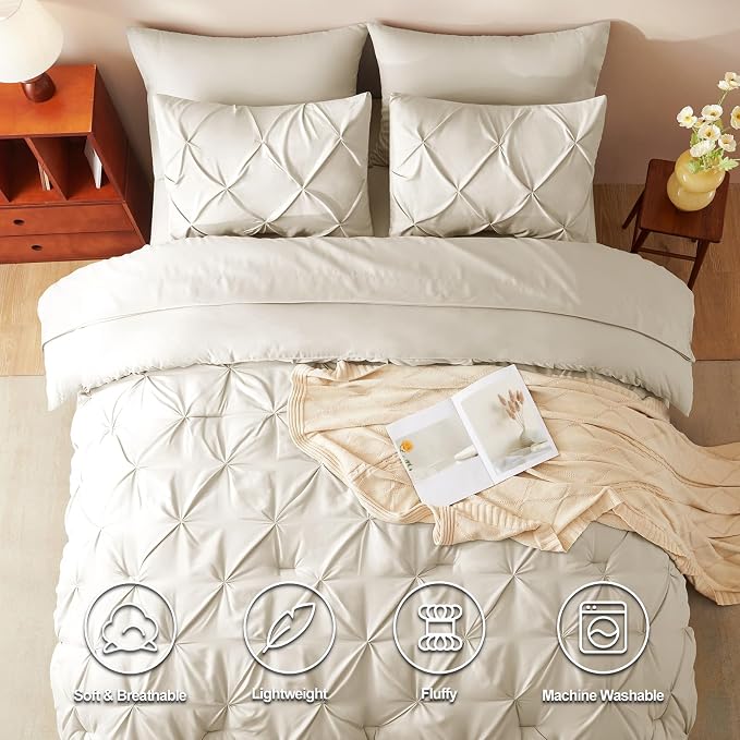 CozyLux King Size Comforter Set Beige, 7 Pieces Bed in A Bag Beige Comforter - Image 2