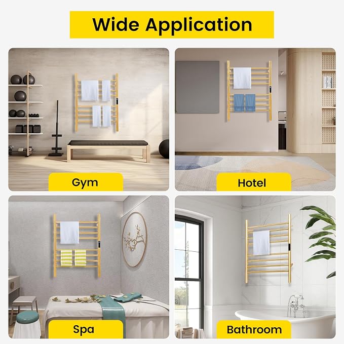 8-Bars Gold Heated Towel Rack–23" Wall Mounted Towel Warmer - Image 7