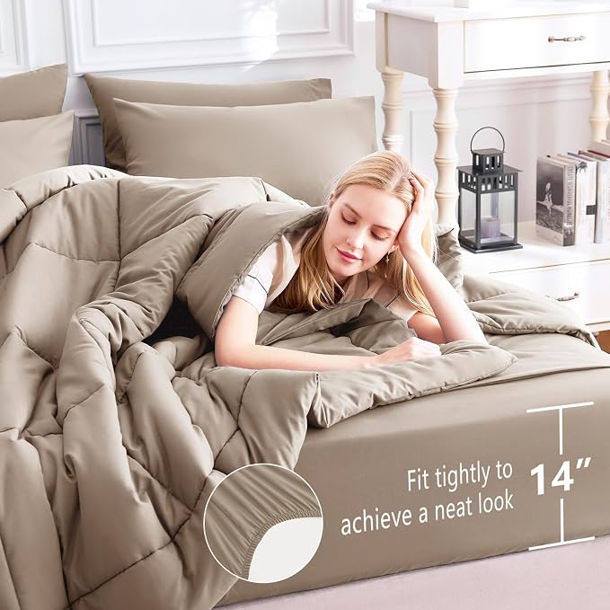 CozyLux Full Size Comforter Sets Khaki, 7 Pieces Bed in a Bag, Khaki Comforter - Image 5