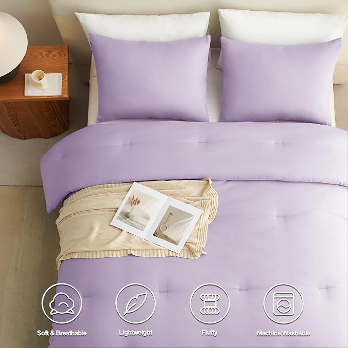 CozyLux Lavender Queen Comforter Set, 3 Pieces Light Purple Solid Breathable - Image 5