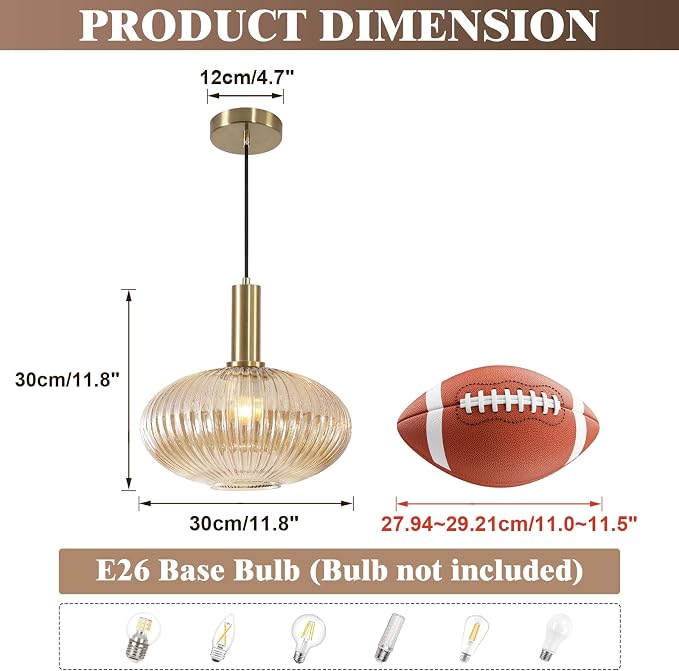 KCO Lighting Vintage Gold Pendant Light Fixture Amber Glass Pendant Light Mid - Image 2
