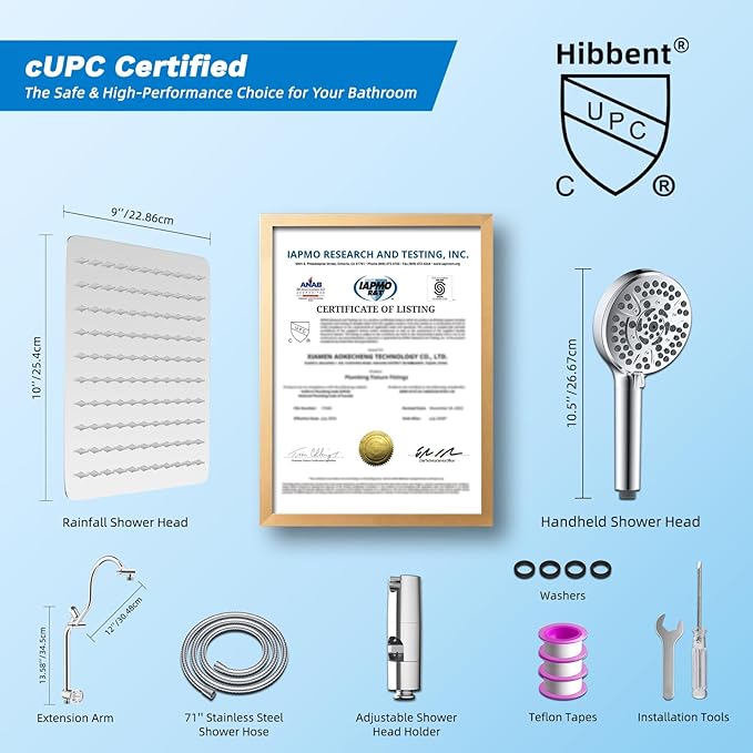 Hibbent cUPC Certified All Metal 10" Rainfall Showerhead Combo, High Pressure - Image 9