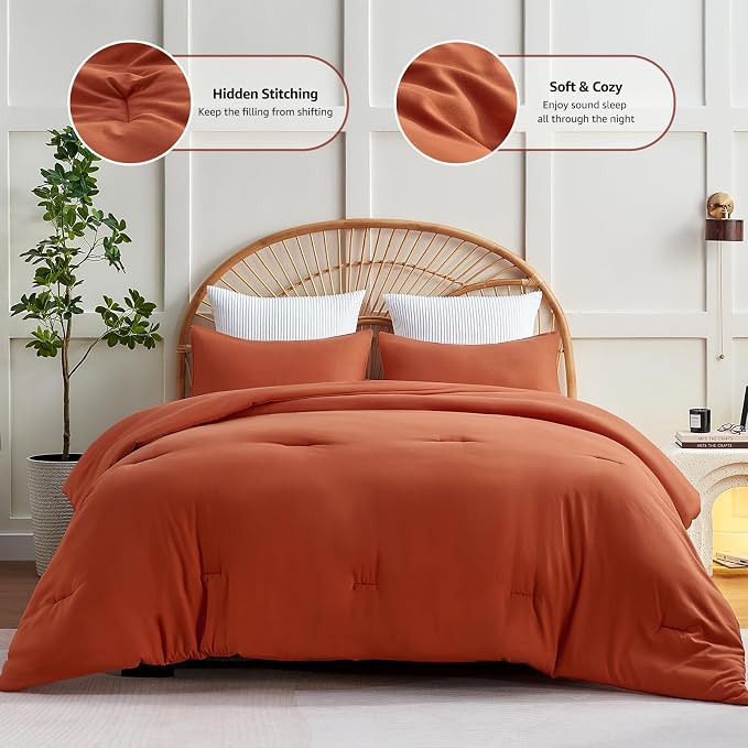 CozyLux Terracotta Queen Comforter Set, 3 Pieces Burnt Orange Rust Solid - Image 3