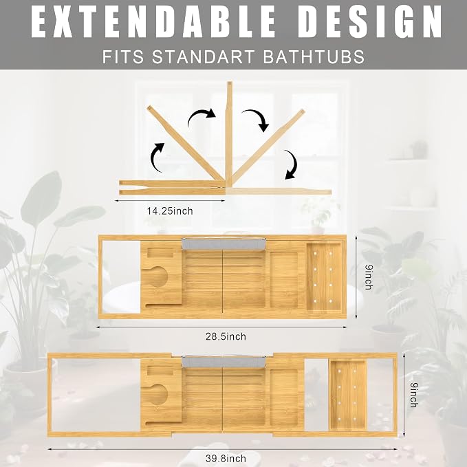 Foldable Bathtub Caddy Tray for Tub, Bamboo Expandable Bath Table Trays - Image 3