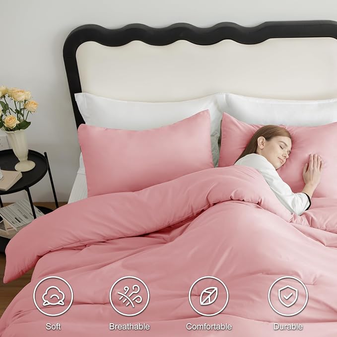 CozyLux King Size Comforter Set Pink, 3 Pieces Solid Comforters King Size - Image 5