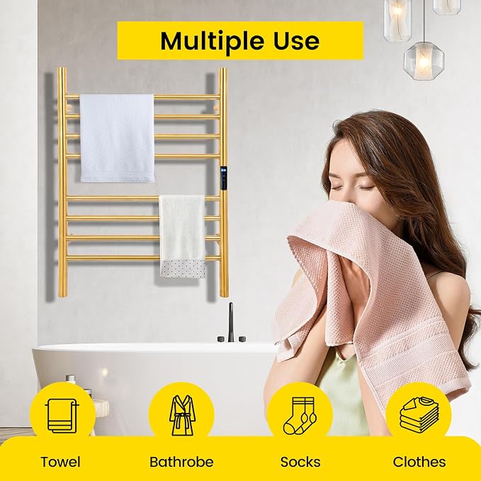 8-Bars Gold Heated Towel Rack–23" Wall Mounted Towel Warmer - Image 6