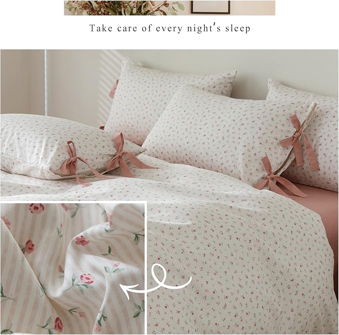 mixinni White Flower Pattern Duvet Cover Queen Cottage Pink Floral Stripes - Image 7