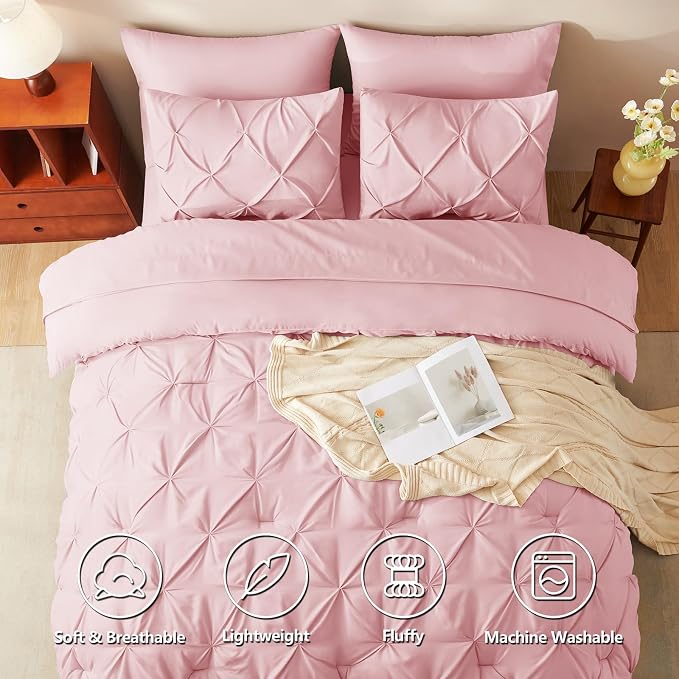 CozyLux Full Size Comforter Sets Pink, 7 Pieces Pintuck Bed in A Bag Pink - Image 2