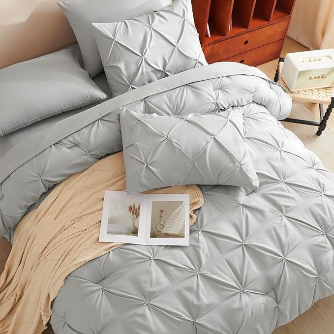CozyLux Full Size Comforter Sets Light Grey, 7 Pieces Pintuck Bed in A Bag Gray - Image 4