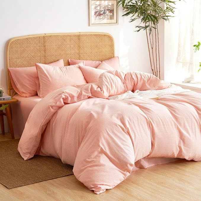 Wake In Cloud - Striped Cotton Duvet Cover Set, 100% Washed Cotton Textured by WakeInCloud