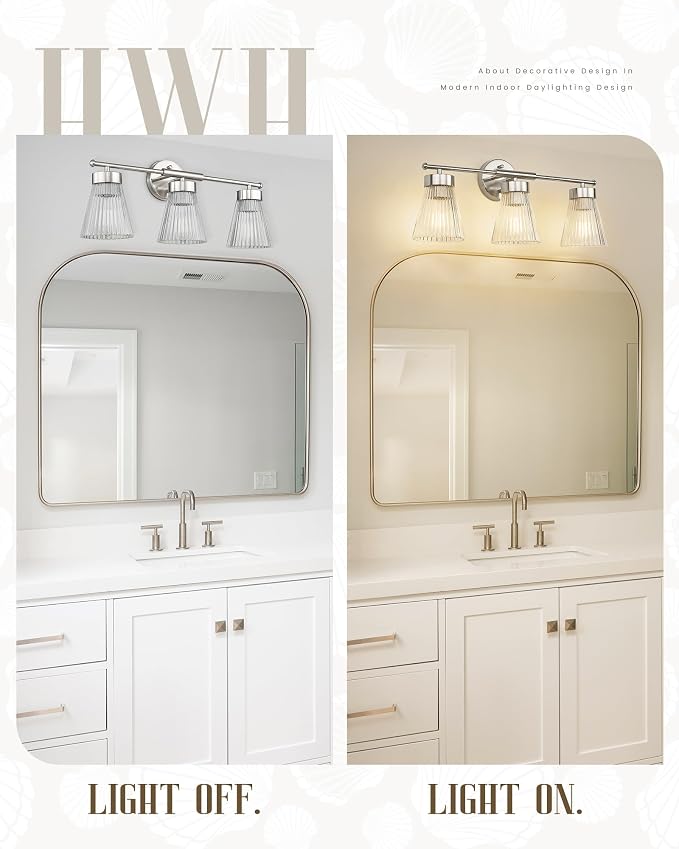 Brushed Nickel Bathroom Vanity Light, HWH 3-Light Vanity Lights - Image 5