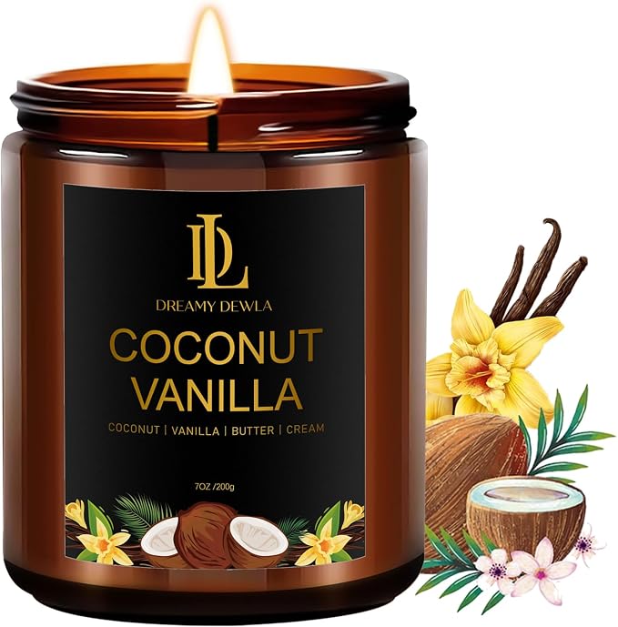 Coconut Vanilla Candles, 7oz Vanilla Coconut Scented Candle, Natural Soy Candles by DLDREAMYDEWLA