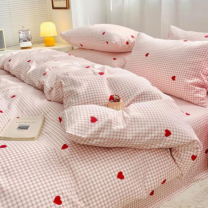Nayoroom Gingham Duvet Cover Full Size Pink Plaid Red Heart Printed on White - Image 2