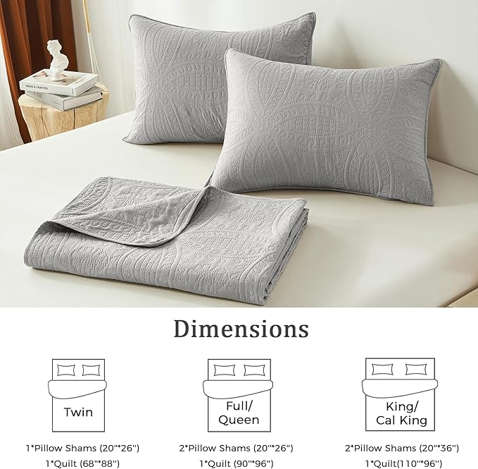 akkialla Quilts Queen Size, Light Grey Ultrasonic Full/Queen Quilt Set - Image 6