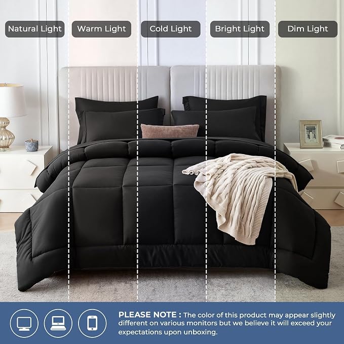 Sasttie King Size Comforter Set Black, 7 Pieces Bed in a Bag King, Complete - Image 8
