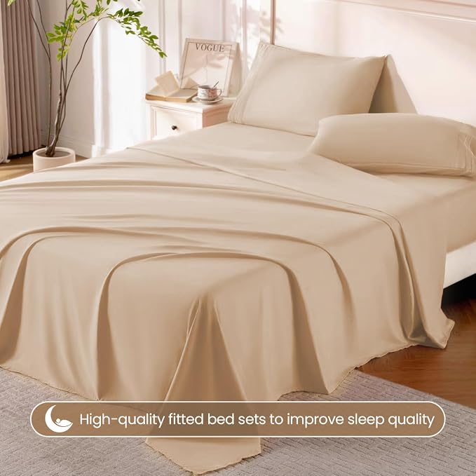 ROSE&RISY Khaki Queen Sheet Set, 4 Pieces Soft Bedding Queen Sheet Set - Image 5