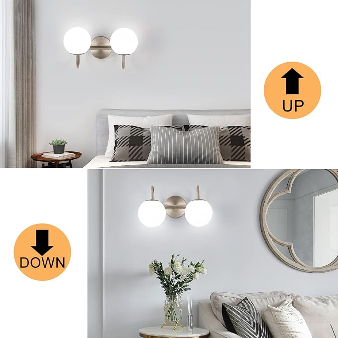 Modern Bathroom Vanity Light Fixtures Brushed Nickel 2 Lights Milk White Globe - Image 5