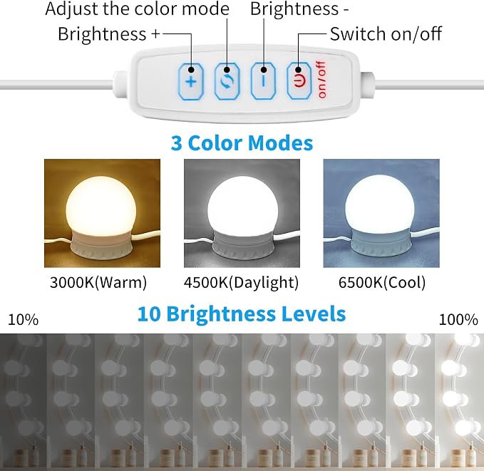 LED Vanity Mirror Lights with 14 Dimmable Bulbs, 3000K 4500K 6500K & 10 - Image 2