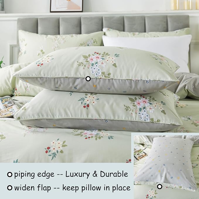 FADFAY Floral Duvet Cover Set Queen 100% Cotton Sage Green Comforter Set - Image 3