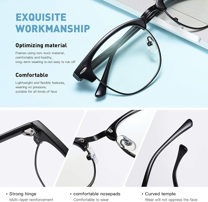 Blue Light Blocking Glasses Retro Semi Rimless UV400 Clear Lens Computer Eyewear - Image 3