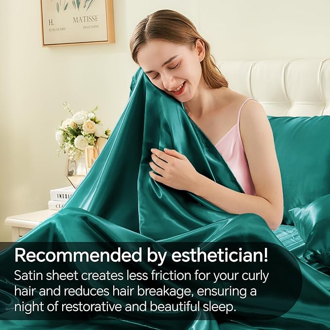 BEDELITE Satin Sheets Full Size Bed Set, Luxury Soft Teal Silky Sheet - Image 4