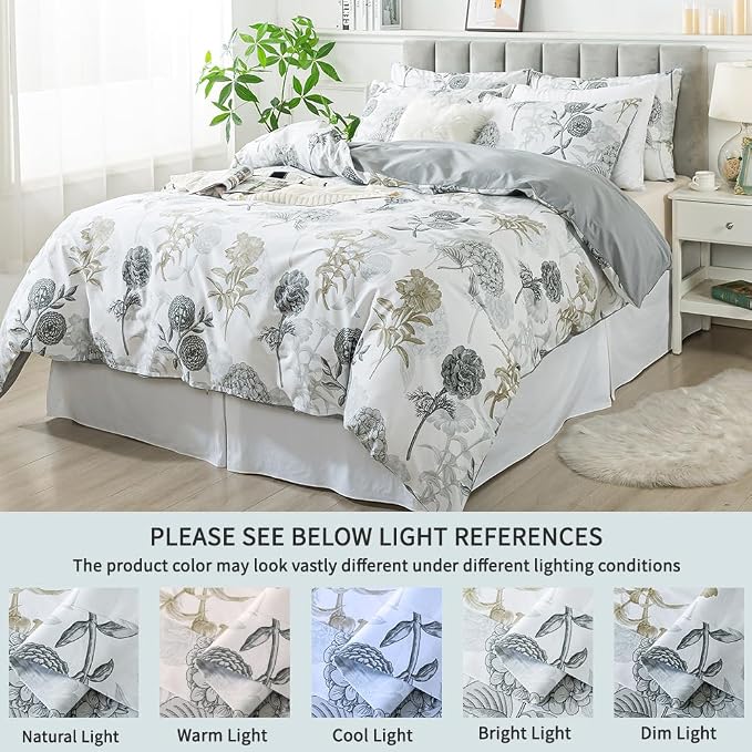FADFAY Floral Duvet Cover Sets King/Cal King 100% Cotton Ink Grey Vintage - Image 5