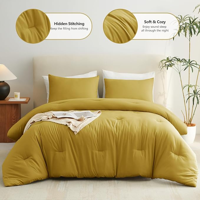 CozyLux Queen Comforter Set Mustard Yellow, 3 Pieces Solid Comforters Queen - Image 2