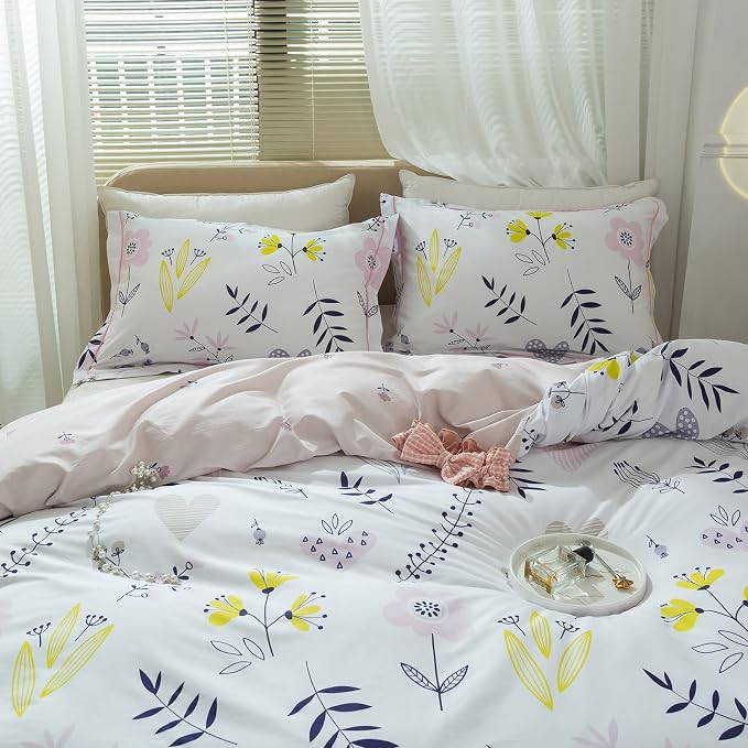 mixinni Girls Duvet Cover Twin Size Blossom Duvet Cover Cotton Flower White - Image 2