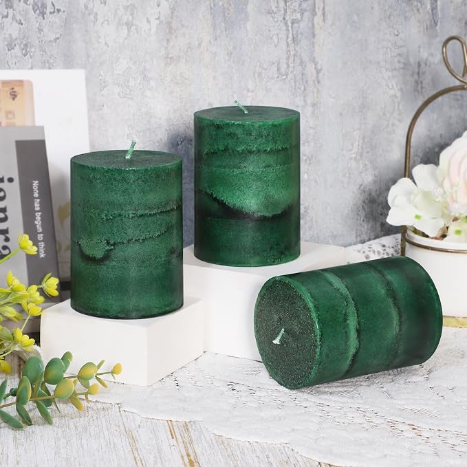 Fir Pine Scented Pillar Candles 3x4 Inch Dark Green 3-Layered Handcraft Holiday - Image 7