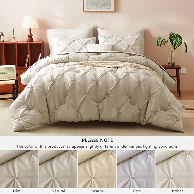 CozyLux Queen Comforter Set Oatmeal, 7 Pieces Pintuck Bed in A Bag, Premium - Image 7