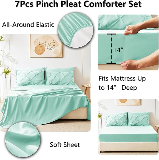 CozyLux Queen Comforter Set Mint Green, 7 Pieces Pintuck Bed in A Bag, Premium - Image 6