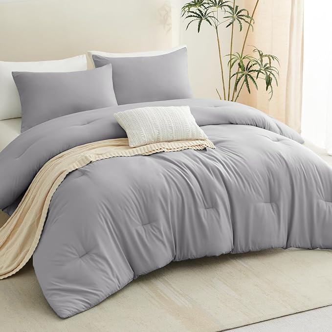 CozyLux King Size Comforter Set Grey, 3 Pieces Solid Comforters King Size - Image 8