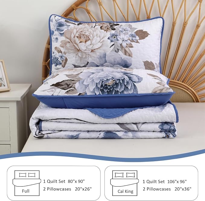 WONGS BEDDING Floral Quilt Set Blue California King Size 3 Pieces Elegant - Image 7