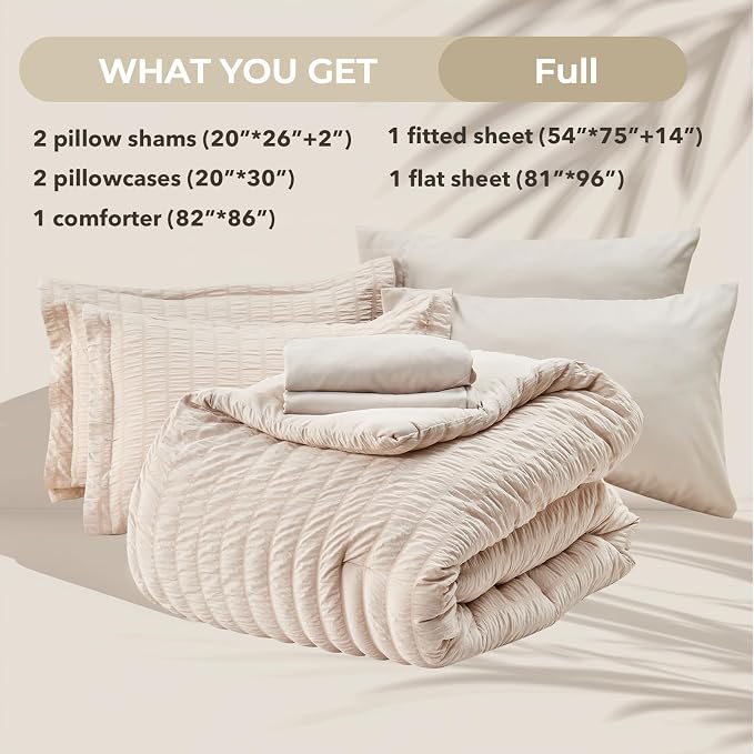 HYMOKEGE Beige Full Size Comforter Sets Seersucker 7 Pieces, All Season Luxury - Image 6