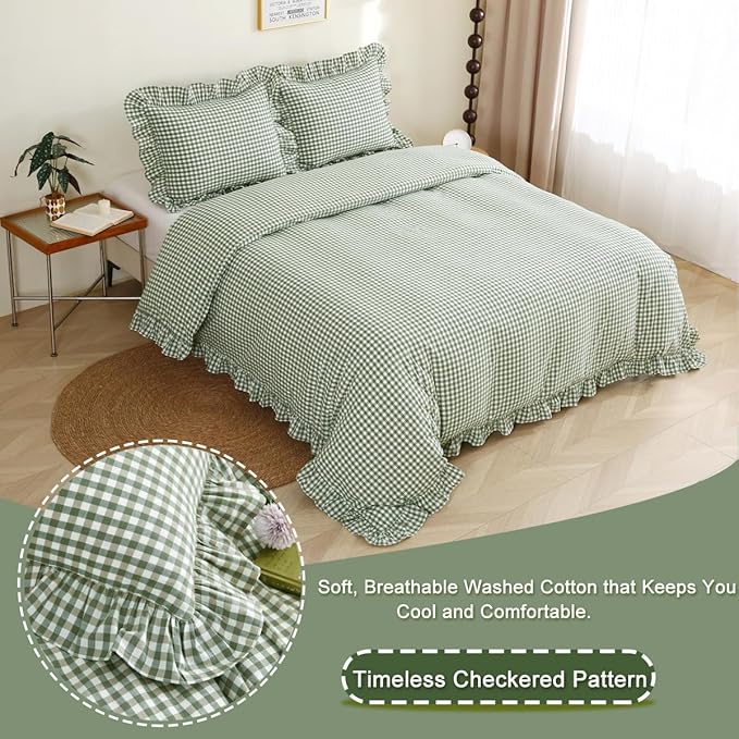 Silnuo Sage Green/White Plaid Ruffle Duvet Cover King Size, 100% Washed Cotton - Image 3
