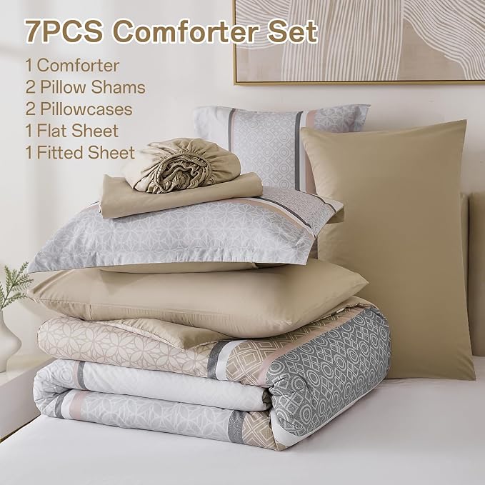 WONGS BEDDING Beige Comforter Set Queen Size, 7 Pieces Striped Bed in a Bag - Image 7