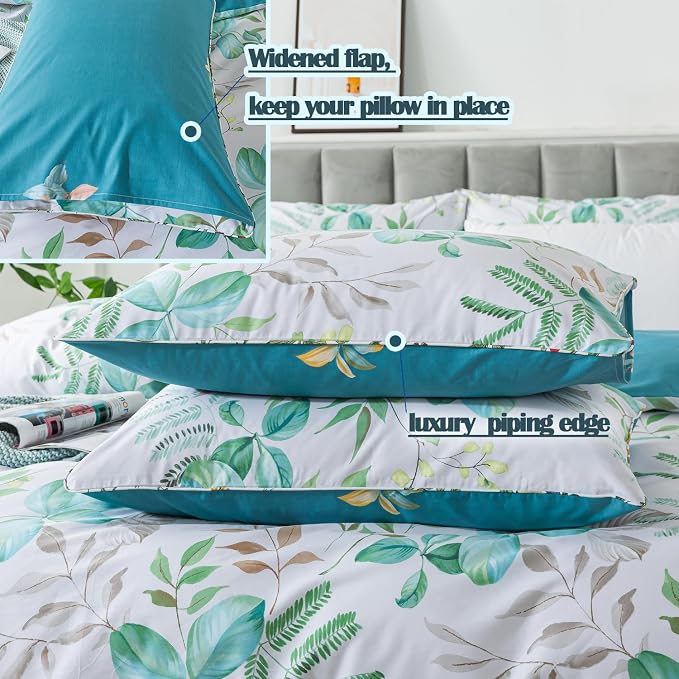 FADFAY Botanical Duvet Cover Sets Full Size 100% Cotton Teal Green Leaves - Image 5